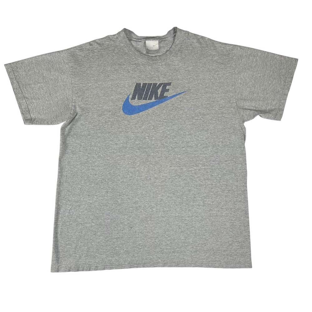 Nike Mens Graphic T-Shirt‎ Grey Blue Swoosh Spellout Logo Size